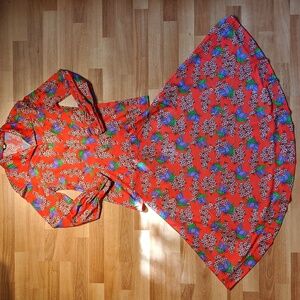 Vintage 70's red skirt set, long sleeve button front blouse and midi skirt